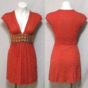 Sky Plunging V-neck Empire Cut Bejeweled Gold Chain Front Waist Mini Dress Small